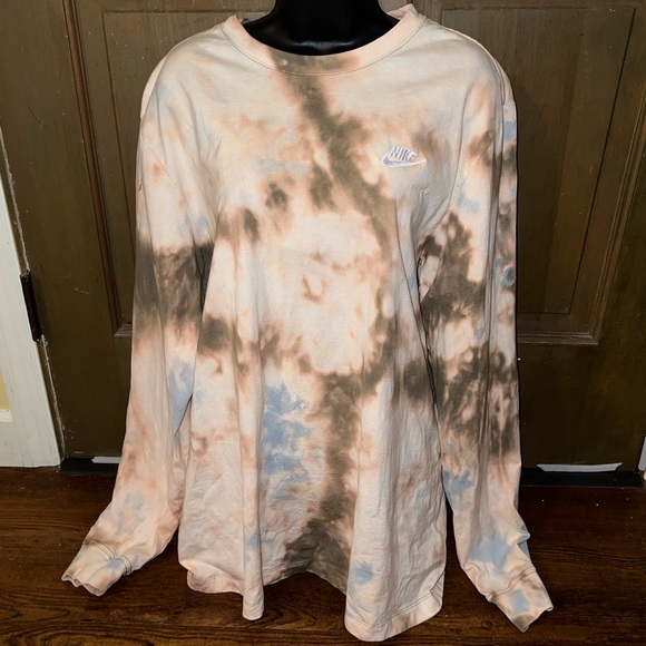 Nike Other - Nike Classic Tee Cream, Blue Brown Tie-Dye Long Sleeve Logo Cotton Shirt Size XL